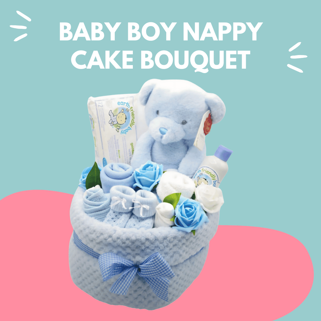 Baby Boy Nappy Cake Bouquet Arrangement - colourful background