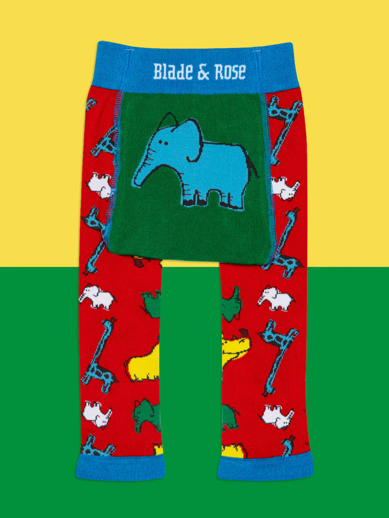 Blade &amp; Rose Brave and Bold Leggings - bold, bright and fun! These fab leggings are multi-coloured with a red animal print on the legs and a bold blue and green elephant design on the bum. Sold by Say It Baby Gifts