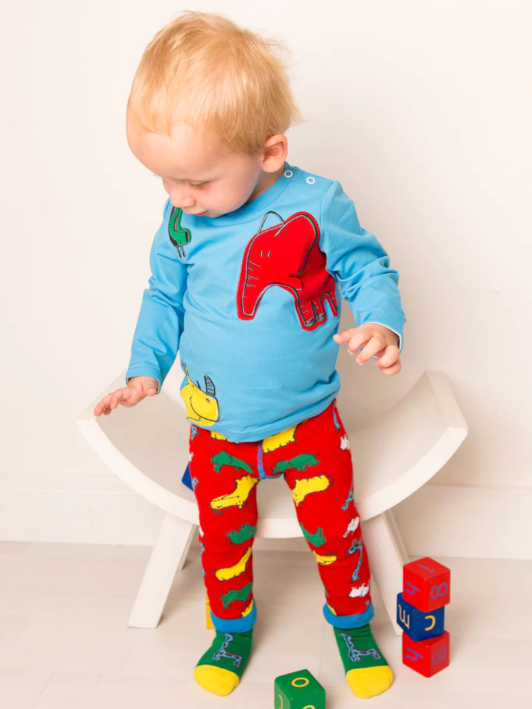Blade &amp; Rose Brave and Bold Top - bold, bright and fun! Stand out from the herd with this gorgeous bright blue top featuring a red elephant, green giraffe and yellow rhino. Sold by Say It Baby Gifts