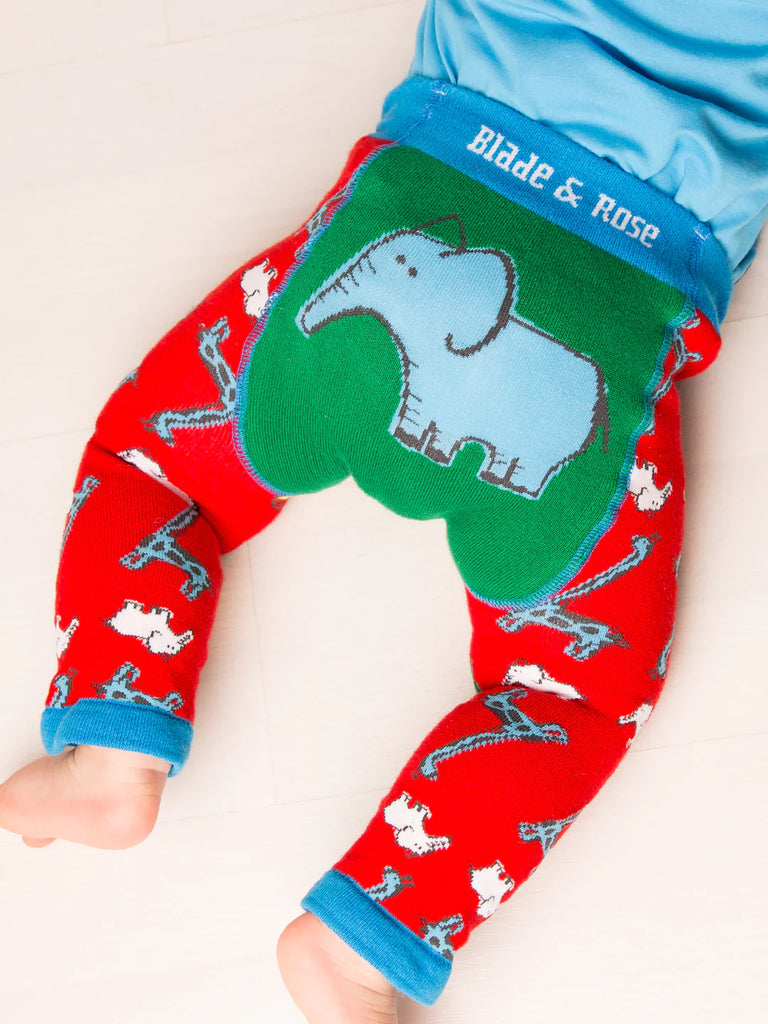 Blade &amp; Rose Brave and Bold Leggings - bold, bright and fun! These fab leggings are multi-coloured with a red animal print on the legs and a bold blue and green elephant design on the bum. Sold by Say It Baby Gifts