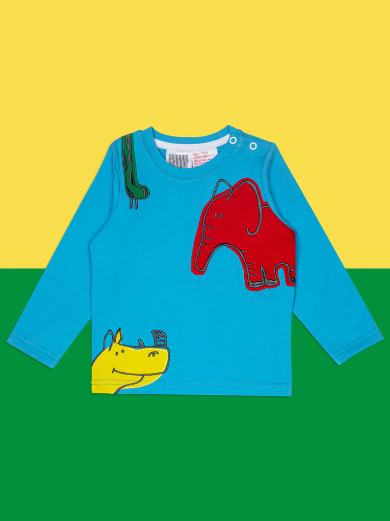 Blade &amp; Rose Brave and Bold Top - bold, bright and fun! Stand out from the herd with this gorgeous bright blue top featuring a red elephant, green giraffe and yellow rhino. Sold by Say It Baby Gifts