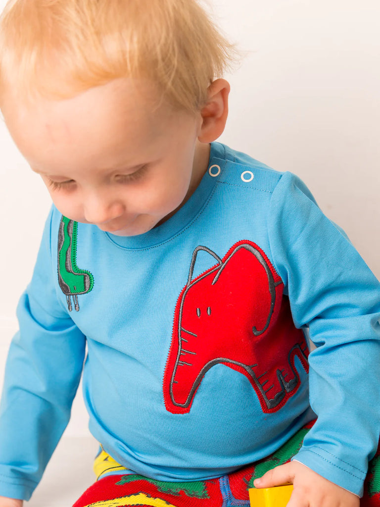 Blade &amp; Rose Brave and Bold Top - bold, bright and fun! Stand out from the herd with this gorgeous bright blue top featuring a red elephant, green giraffe and yellow rhino. Sold by Say It Baby Gifts