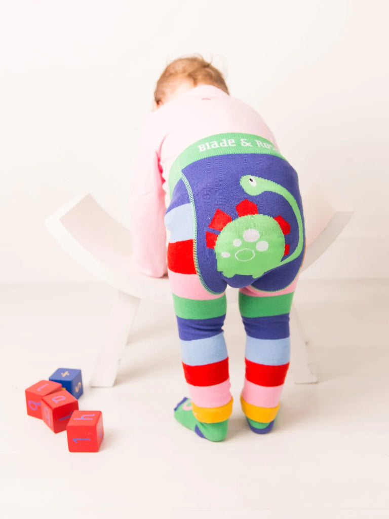 Blade & Rose Bright Dino Leggings - bold, bright and fun! These fab leggings are multi-striped with a gorgeous Dino design on the bum. Sold by Say It Baby Gifts