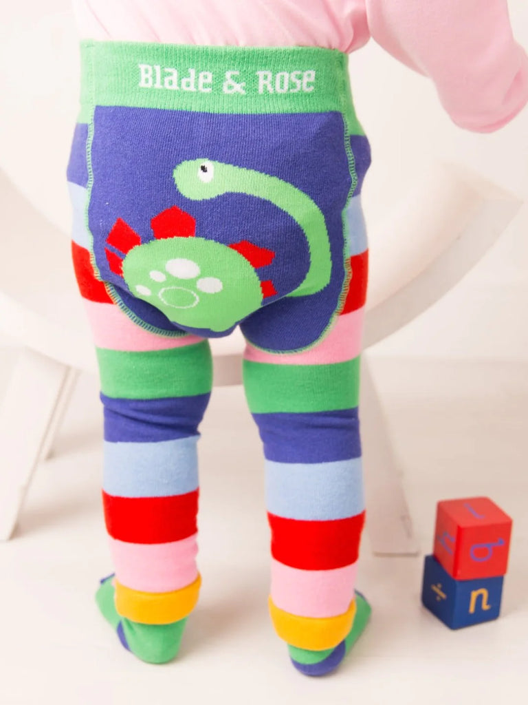 Blade & Rose Bright Dino Leggings - bold, bright and fun! These fab leggings are multi-striped with a gorgeous Dino design on the bum. Sold by Say It Baby Gifts