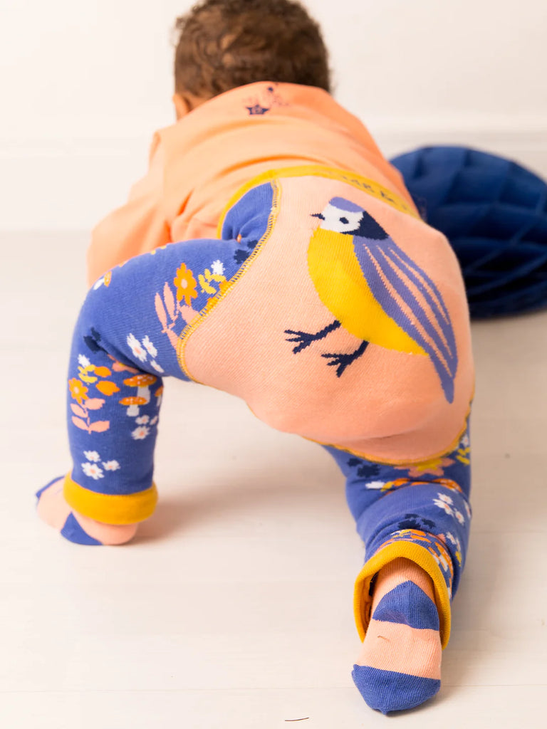 Blade &amp; Rose Kind to Nature Leggings - bold, bright and fun! These fab leggings feature a gorgeous purple floral legs with a peach background and Blue Tit design on the bottom! Sold by Say It Baby GIfts