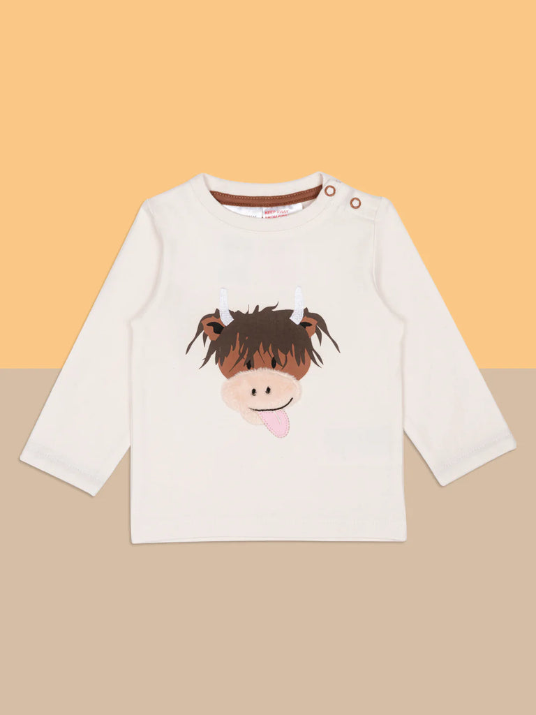 Blade and Rose Neutral Hamish Cow Top - bold, bright and fun! This gorgeous cream top features a cute neutral Hamish Cow design. colourful background