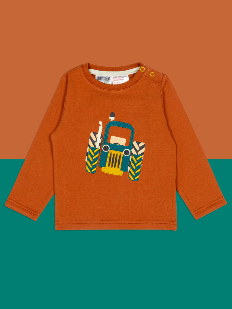 Blade & Rose Rustic Farmyard Top. Children's orange long-sleeve shirt with a tractor design on a two-tone background