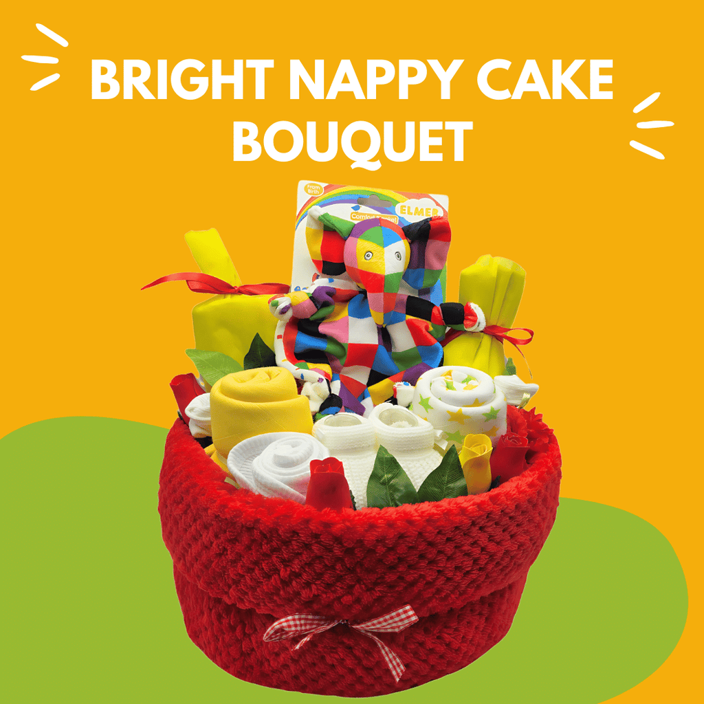 This Bright Baby Nappy Cake Bouquet Arrangement is filled with lots of lovely baby items - colourful background