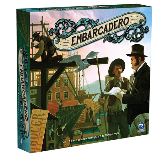 Board game box for 'Embarcadero' with illustrations of characters and a ship on a white background.