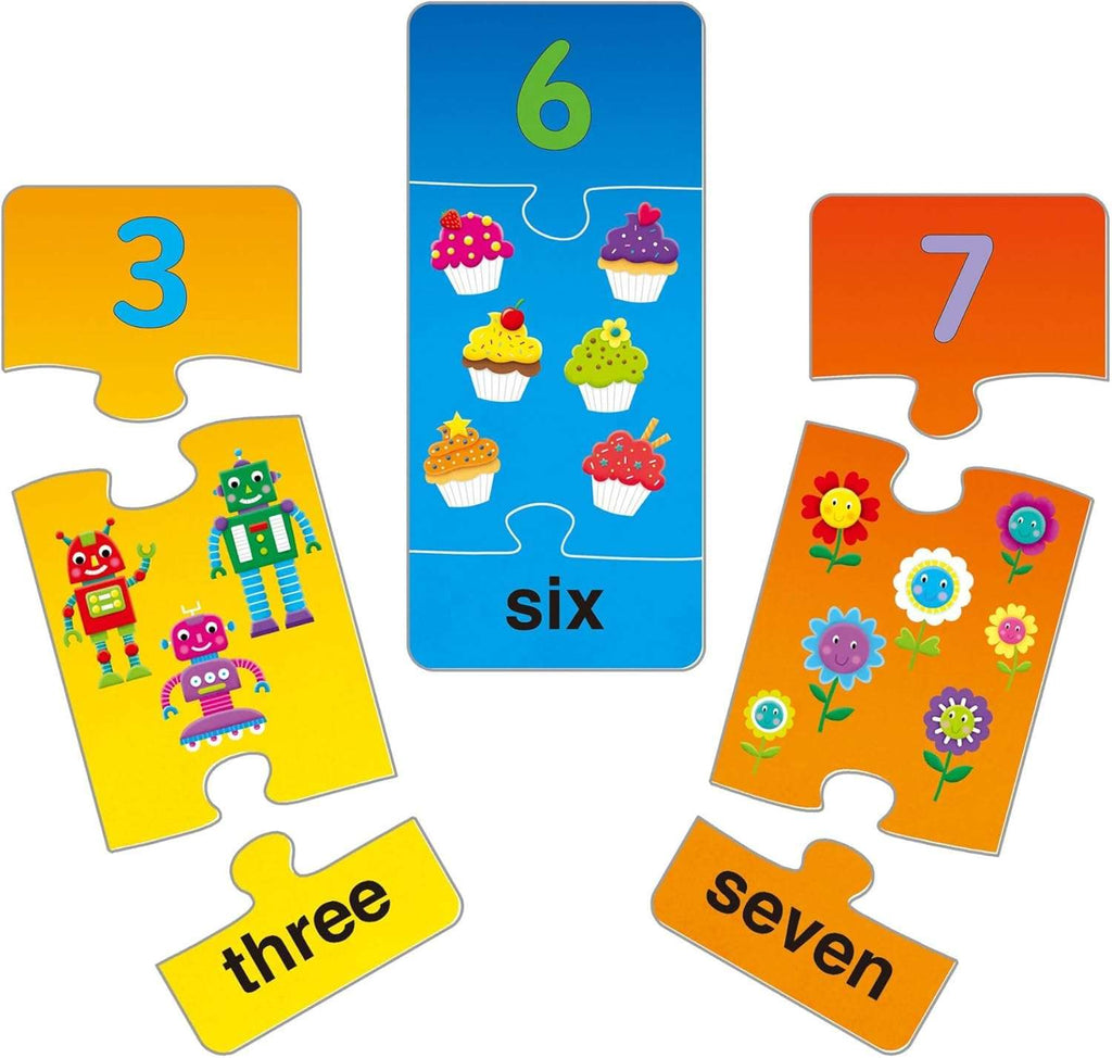 Galt Number Puzzles. Educational puzzle cards with numbers and pictures on a white background