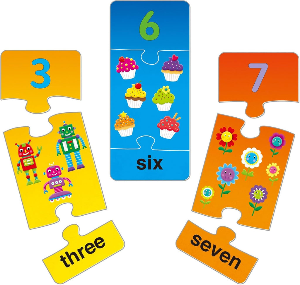 Galt Number Puzzles. Educational puzzle cards with numbers and pictures on a white background