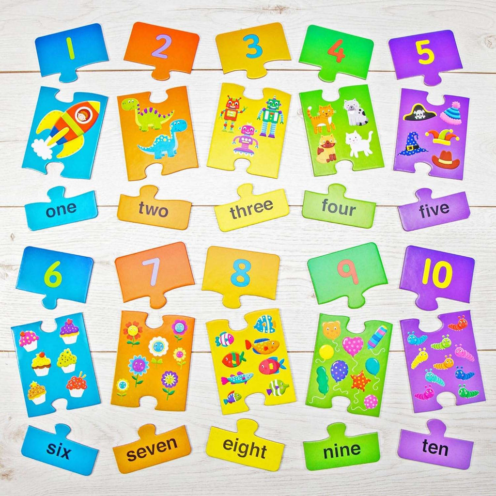 Galt Number Puzzles. Set of colorful number puzzles from 1 to 10 on a wooden surface