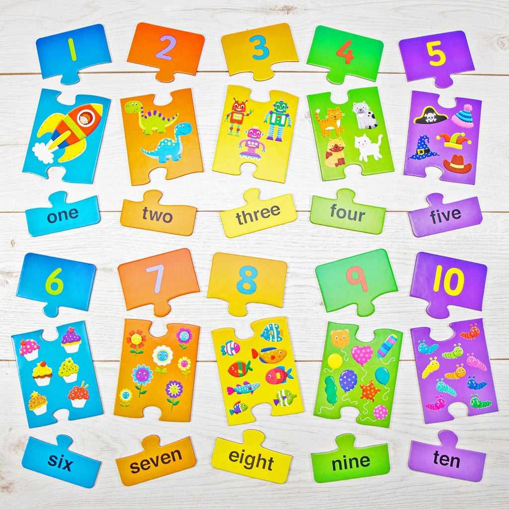 Galt Number Puzzles. Set of colorful number puzzles from 1 to 10 on a wooden surface