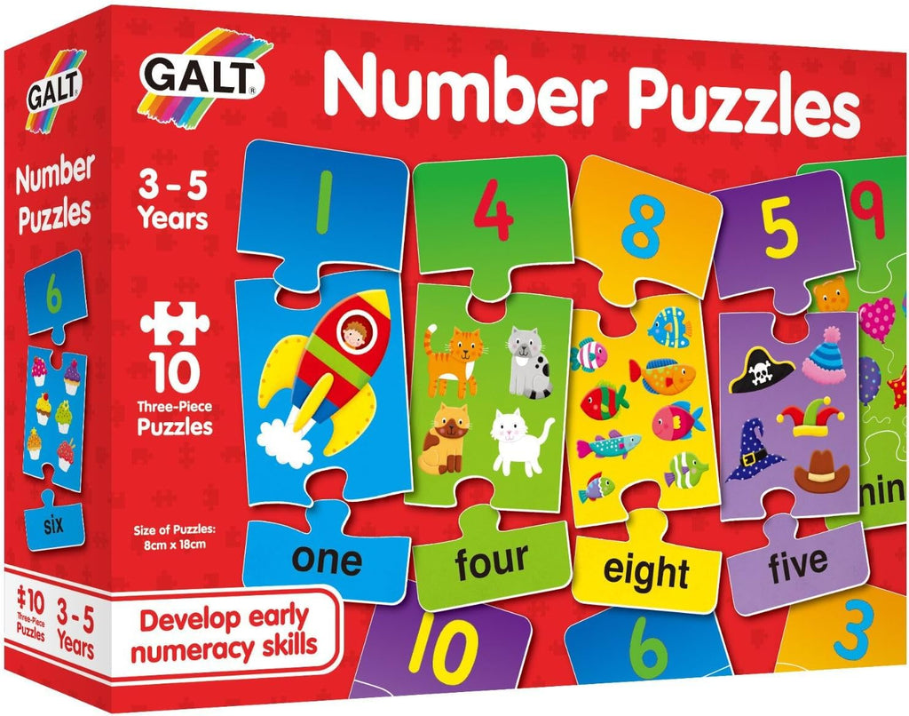 Galt Number Puzzles packaging with colorful puzzles and Galt logo