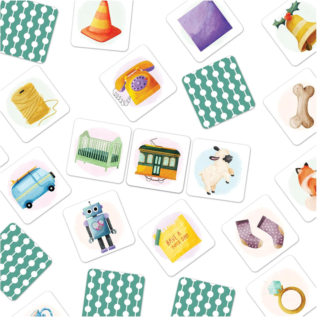 Galt Rhyming Snap. Collection of small cards with various illustrations and patterns on a white background.