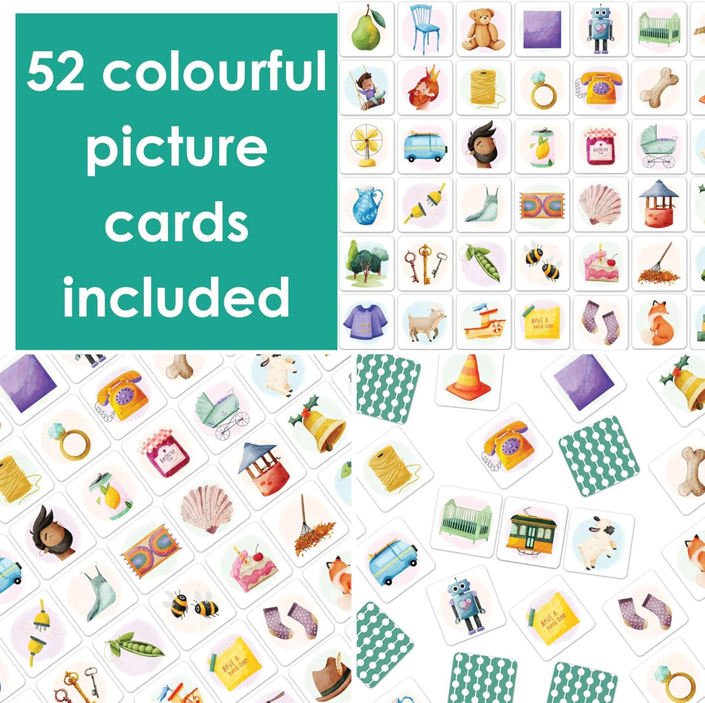 Galt Rhyming Snap. Collection of colorful picture cards with text '52 colourful picture cards included' on a green background.