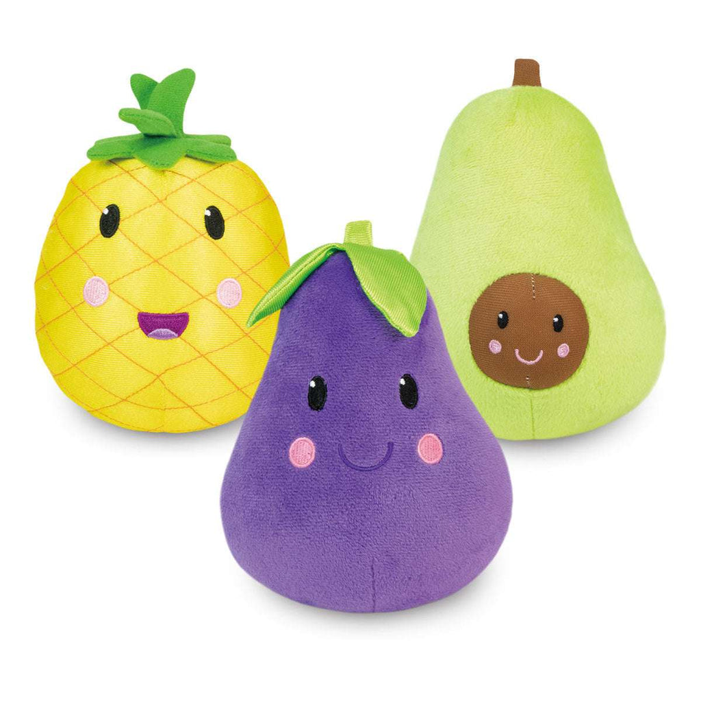 Galt Roly-Poly Toys. Three plush toys shaped like a pineapple, eggplant, and avocado on a white background