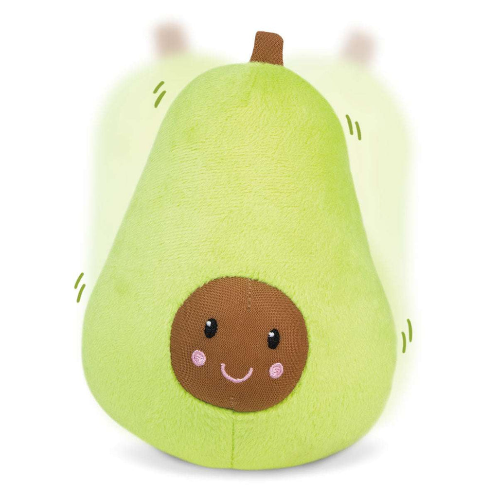 Galt Roly-Poly Toys. Plush toy shaped like an avocado with a smiling face on a white background