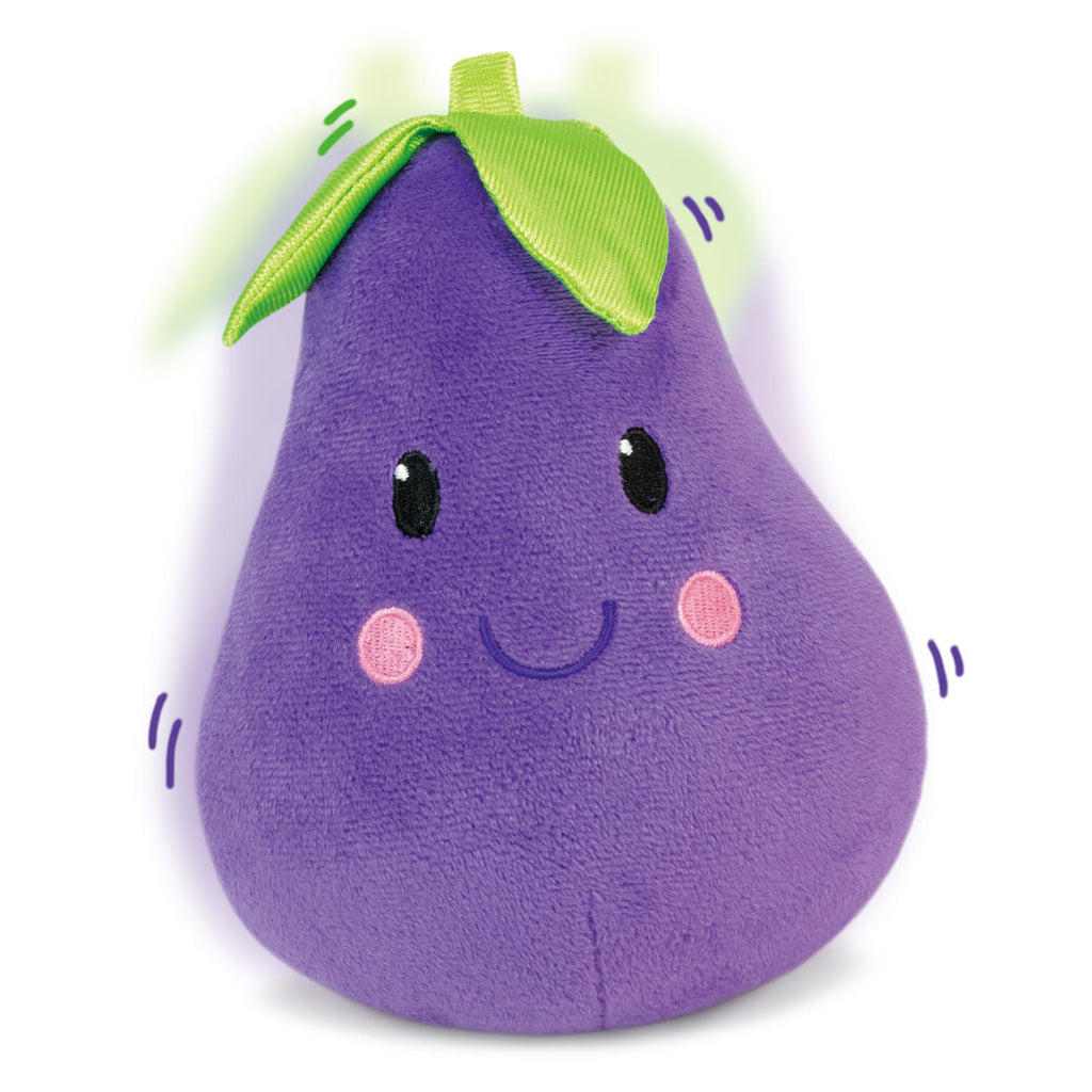 Galt Roly-Poly Toys. Plush toy shaped like an eggplant with a smiling face on a white background