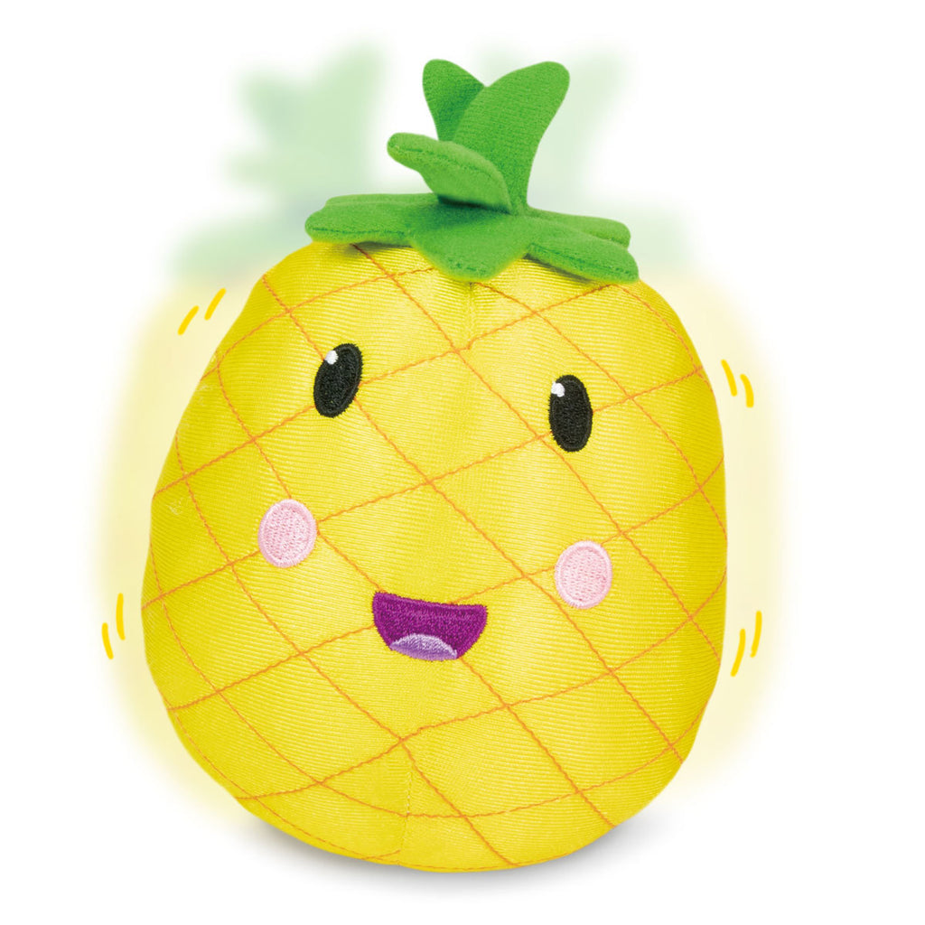 Galt Roly-Poly Toys. Plush toy shaped like a pineapple with a smiling face on a white background