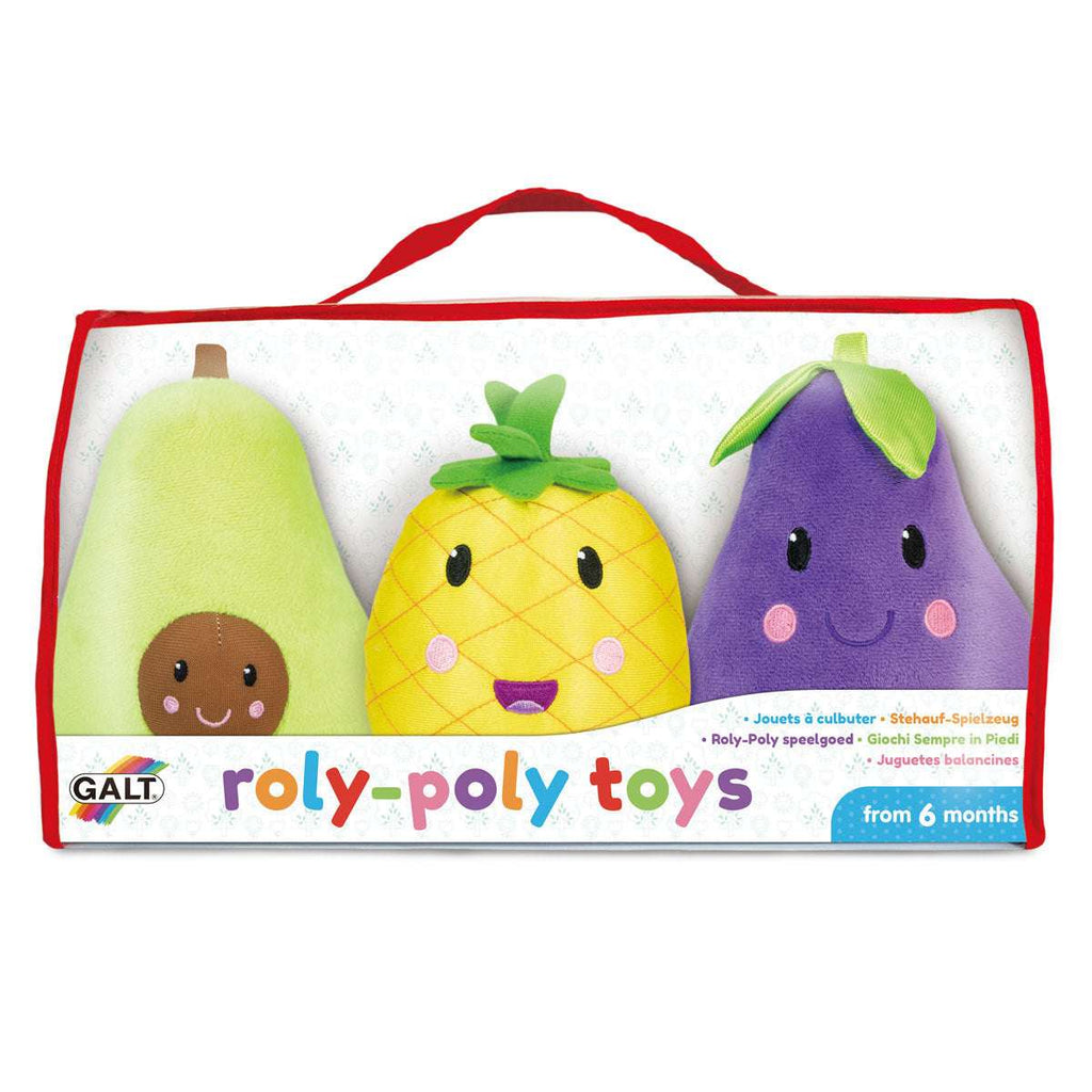 Galt Roly-Poly Toys. Set of three plush toys shaped like a pear, pineapple, and eggplant in a Galt Toys packaging.