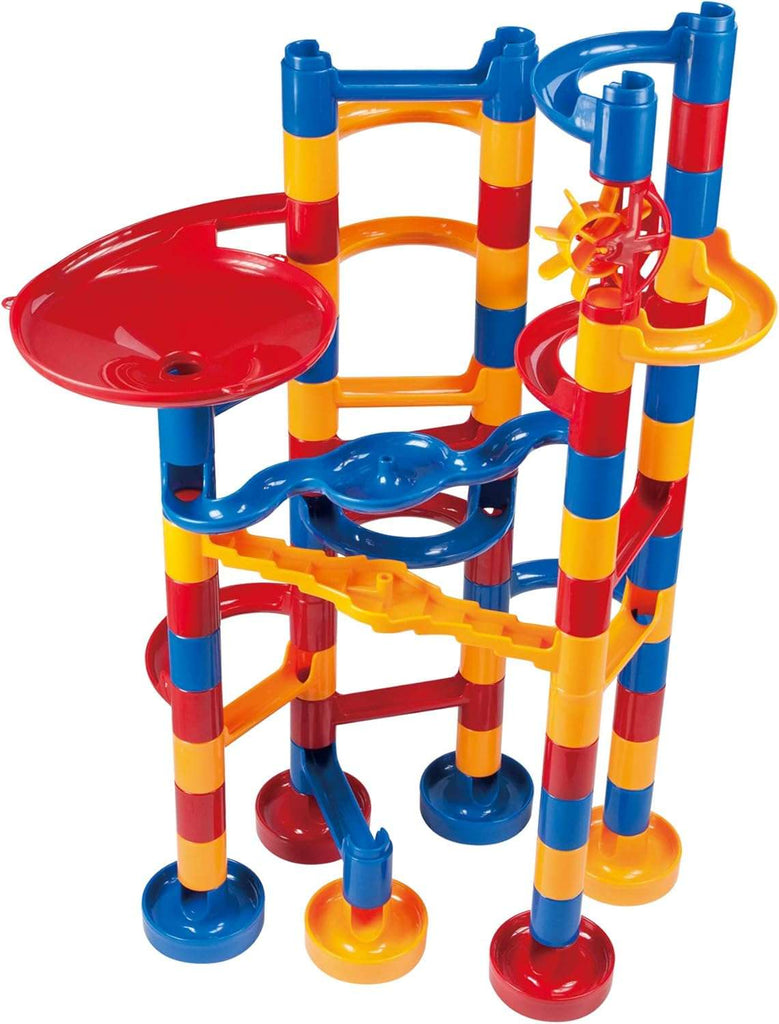 Galt Super Marble Run. Colorful marble run toy set with red, blue, and yellow components on a white background