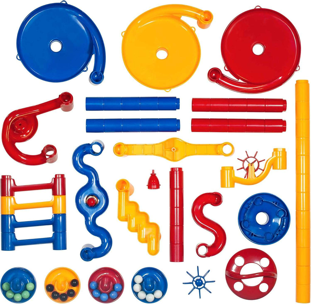 Galt Super Marble Run. Colorful plastic toy components on a white background