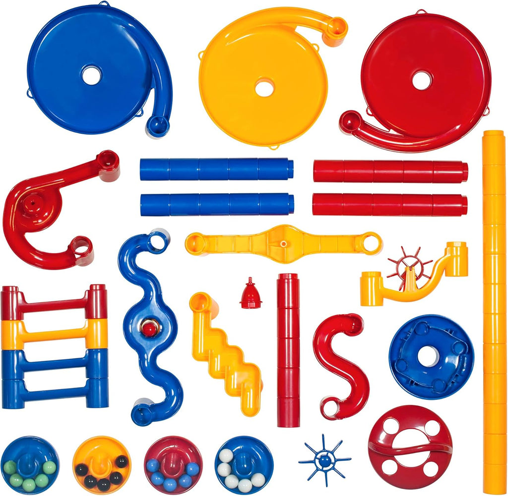 Galt Super Marble Run. Colorful plastic toy components on a white background