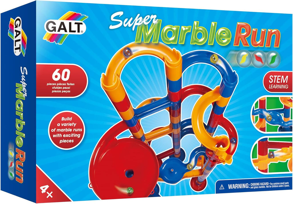 GALT Super Marble Run toy set packaging with colorful marble run structure on a blue background