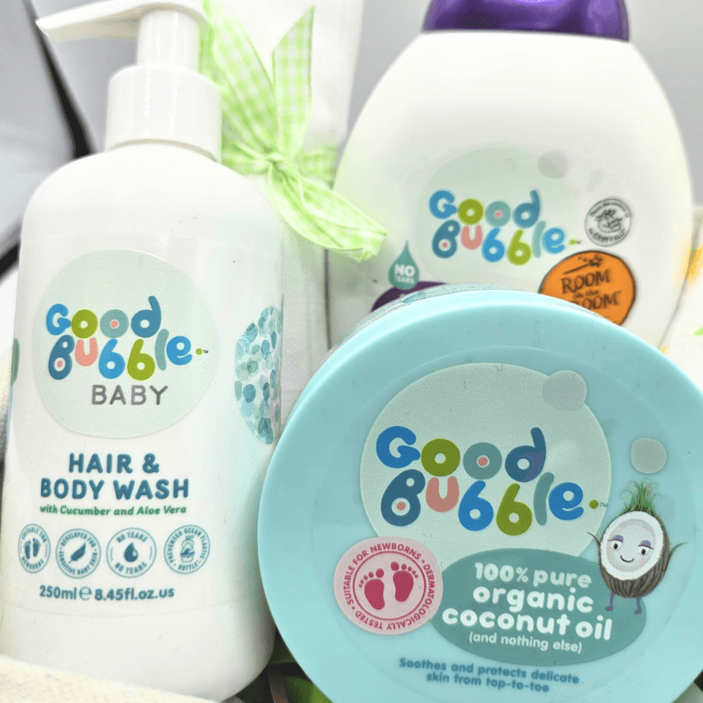 Good Bubble baby products in the hamper