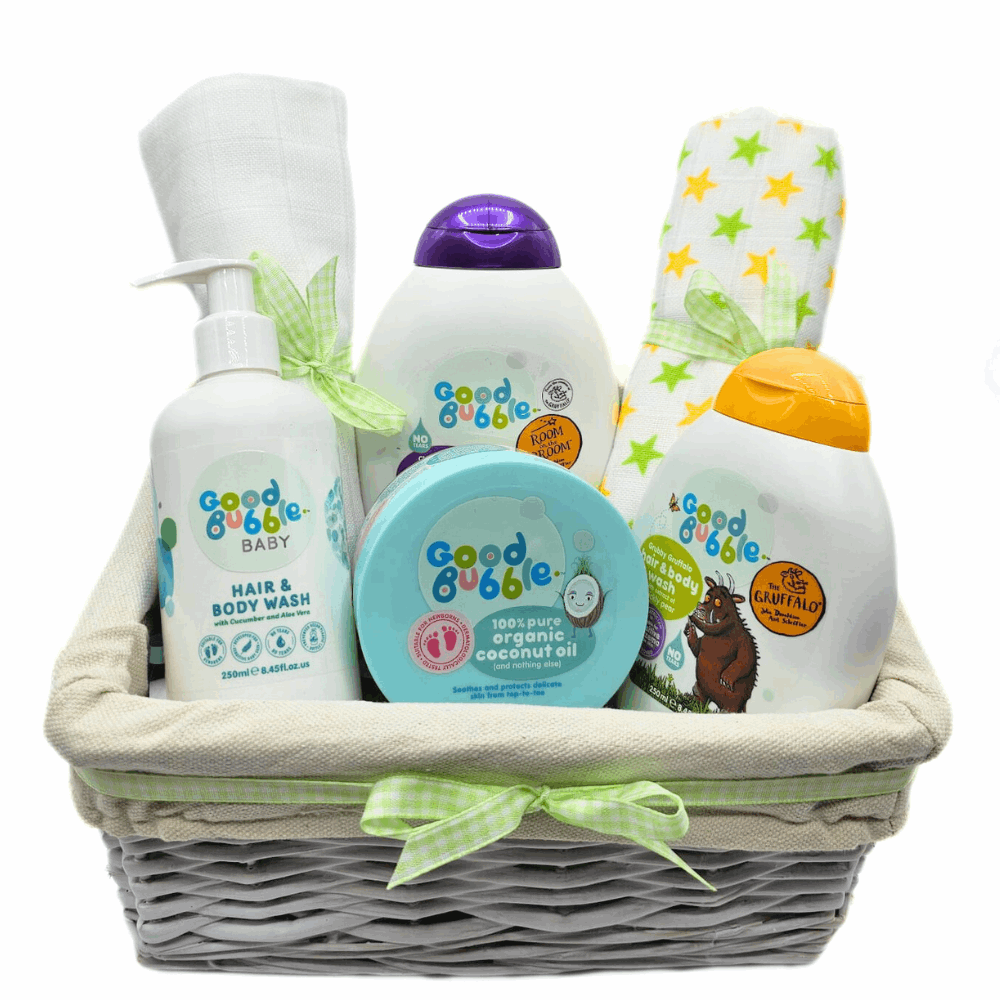 Good Bubble Baby Bath Time Gift Basket. This simple but gorgeous baby basket contains a special range of natural baby skincare from Good Bubble, alongside soft baby muslin squares.