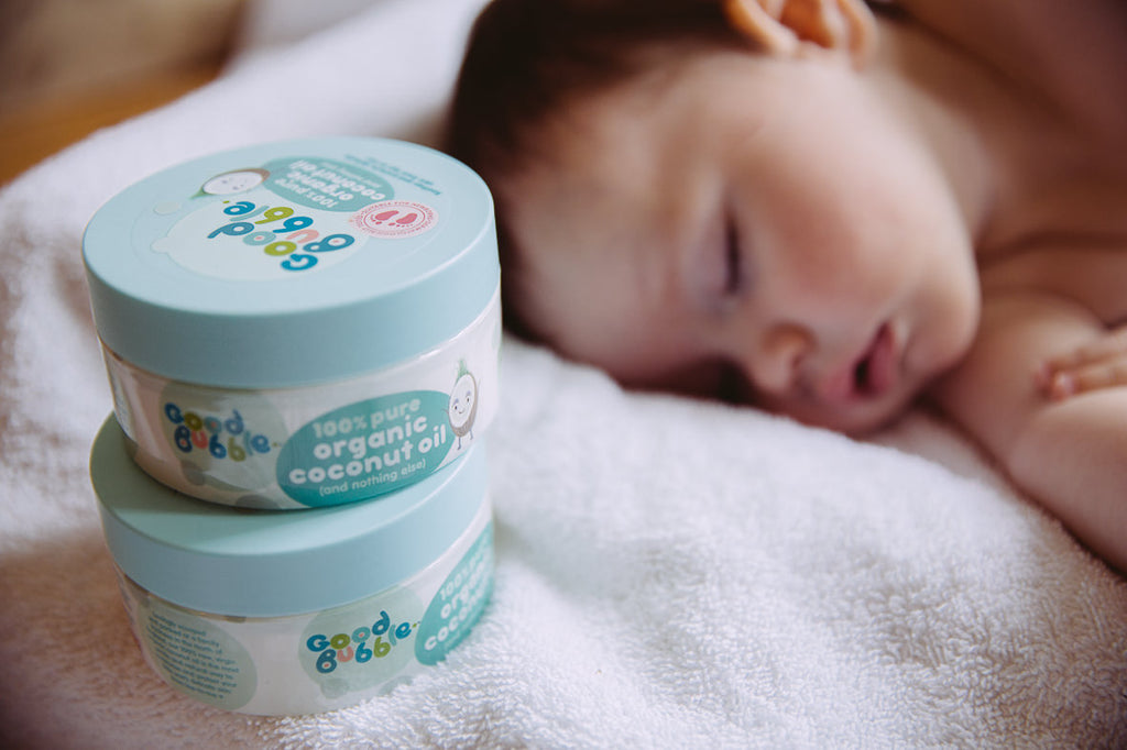 Good Bubble Organic Baby Coconut Oil - a lovely multi-purpose moisturiser, which helps to protect delicate baby's skin. Sold by Say It Baby Gifts