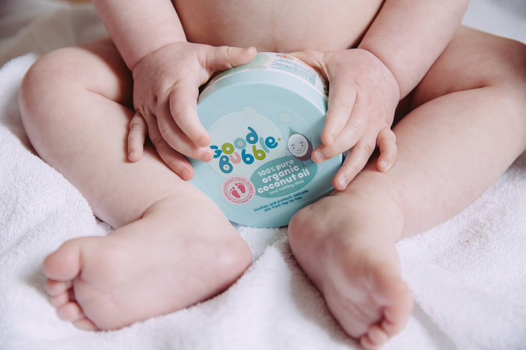 Good Bubble Organic Baby Coconut Oil - a lovely multi-purpose moisturiser, which helps to protect delicate baby's skin. Sold by Say It Baby Gifts