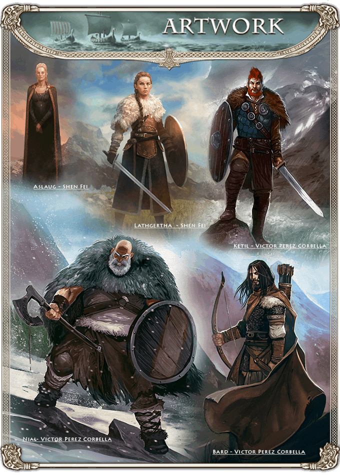 In the Name of Odin. Illustrations of five characters in Viking attire against a snowy landscape.
