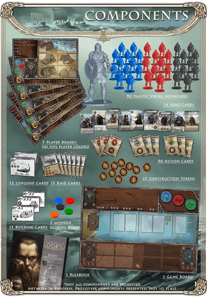 In the Name of Odin. Components of a game displayed on a green background with text.