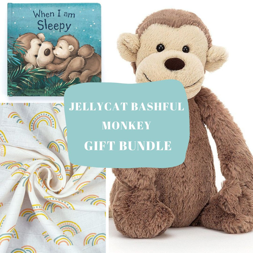 Jellycat Bashful Monkey Gift Bundle - a gorgeous gift set containing beautiful matching items based on a lovely Jellycat Bashful Monkey design. Sold by Say It Baby Gifts