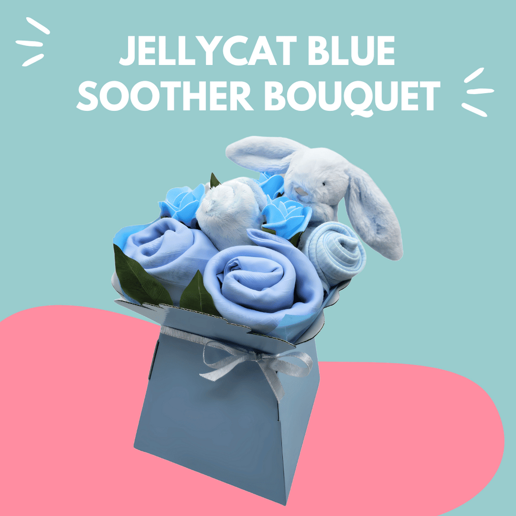 Jellycat Blue Bunny Soother Baby Bouquet - a gorgeous baby boy gift bouquet.