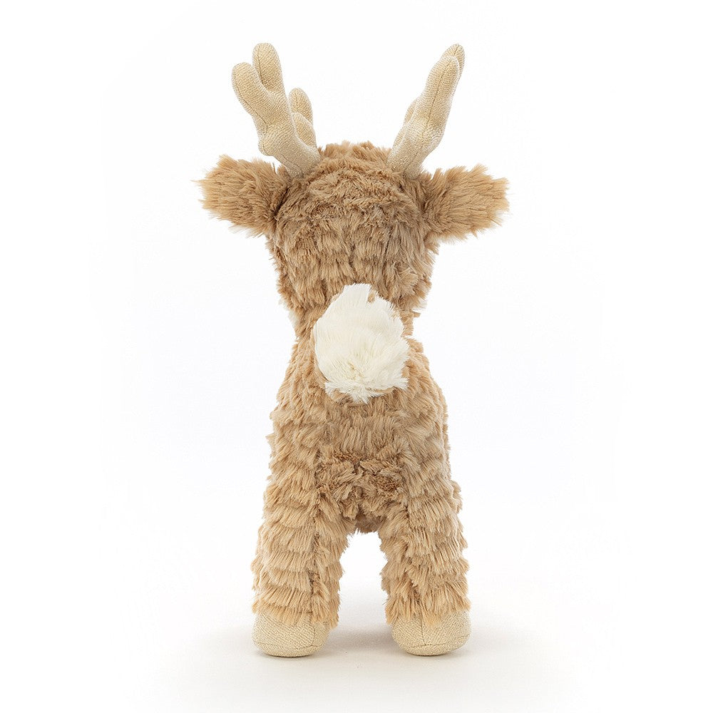 Jellycat Remi Reindeer Medium is a gorgeous, squishably soft and gentle little guy with soft toffee butterscotch and caramel fur, sparkly antlers, cloven hooves, a tiny leaf tail and sweet fold ears. Sold by Say It Baby Gifts. RE2M