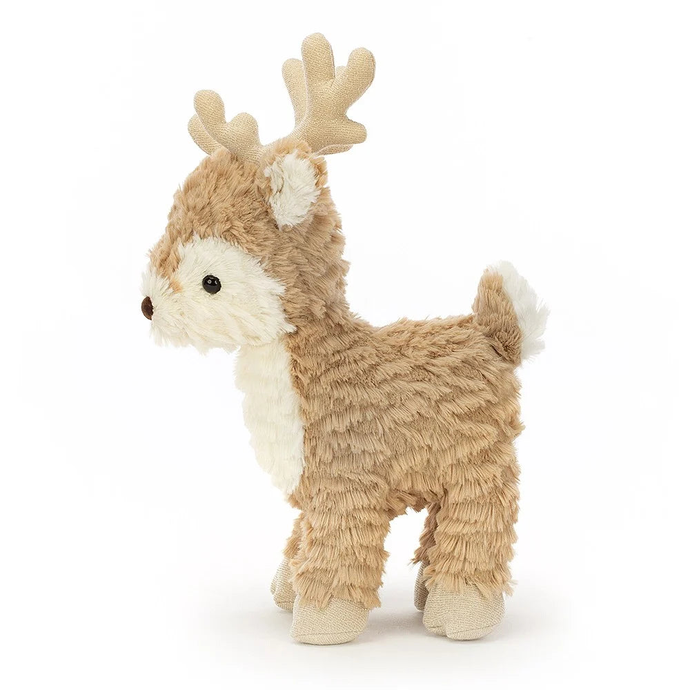 Jellycat Remi Reindeer Medium is a gorgeous, squishably soft and gentle little guy with soft toffee butterscotch and caramel fur, sparkly antlers, cloven hooves, a tiny leaf tail and sweet fold ears. Sold by Say It Baby Gifts. RE2M
