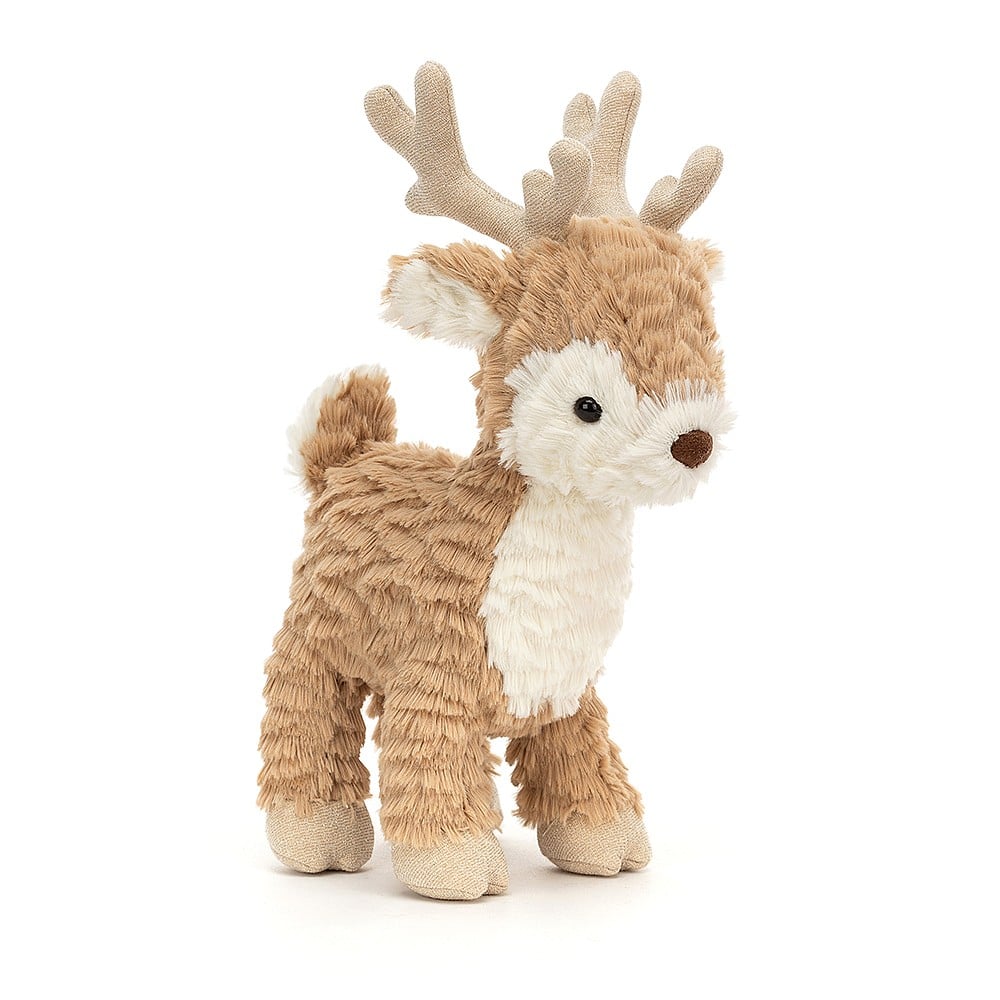 Jellycat Remi Reindeer Medium is a gorgeous, squishably soft and gentle little guy with soft toffee butterscotch and caramel fur, sparkly antlers, cloven hooves, a tiny leaf tail and sweet fold ears. Sold by Say It Baby Gifts. RE2M