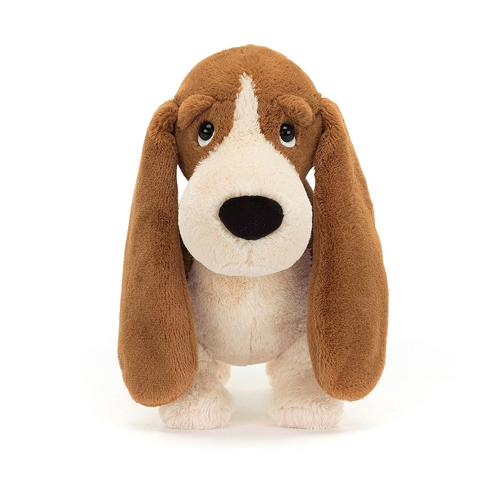 Jellycat Randall Basset Hound - a snuggly, toffee-apricot guy with big beautiful droopy ears and the sweetest hang-dog eyes! Sold by Say It Baby Gifts