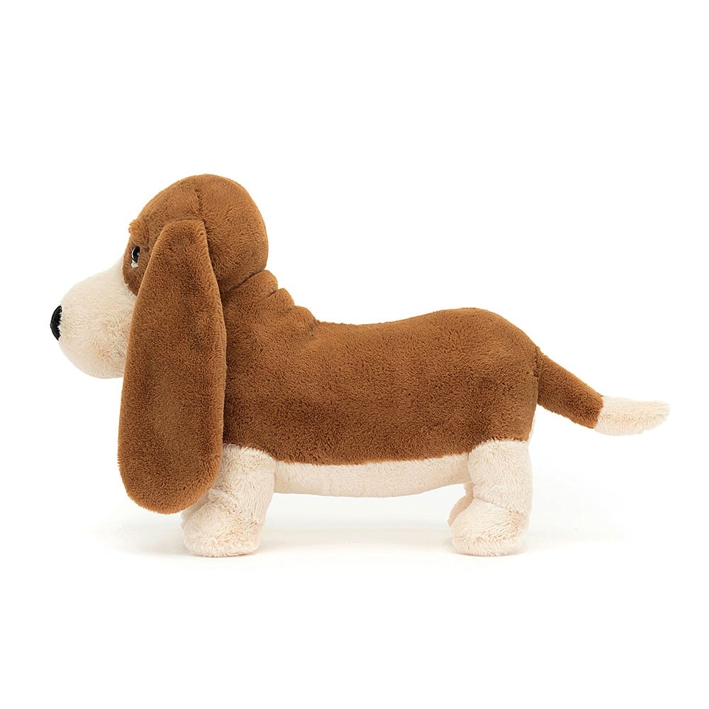Jellycat Randall Basset Hound - a snuggly, toffee-apricot guy with big beautiful droopy ears and the sweetest hang-dog eyes! Sold by Say It Baby Gifts