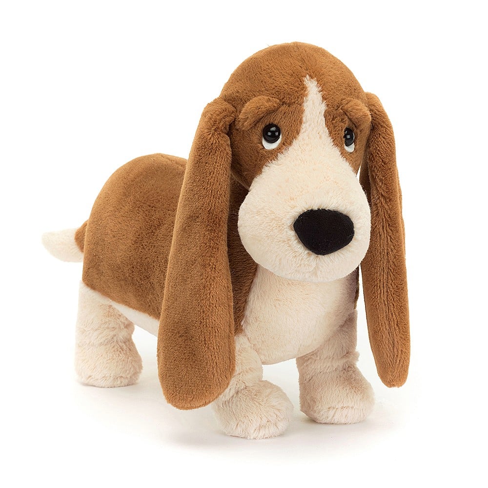 Jellycat Randall Basset Hound - a snuggly, toffee-apricot guy with big beautiful droopy ears and the sweetest hang-dog eyes! Sold by Say It Baby Gifts