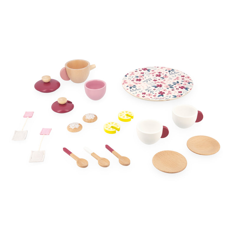The set includes a wooden teapot, sugar bowl, two cups, two saucers and three spoons as well as two felt teabags, two lemon slices and two biscuits for extra fun! Full set