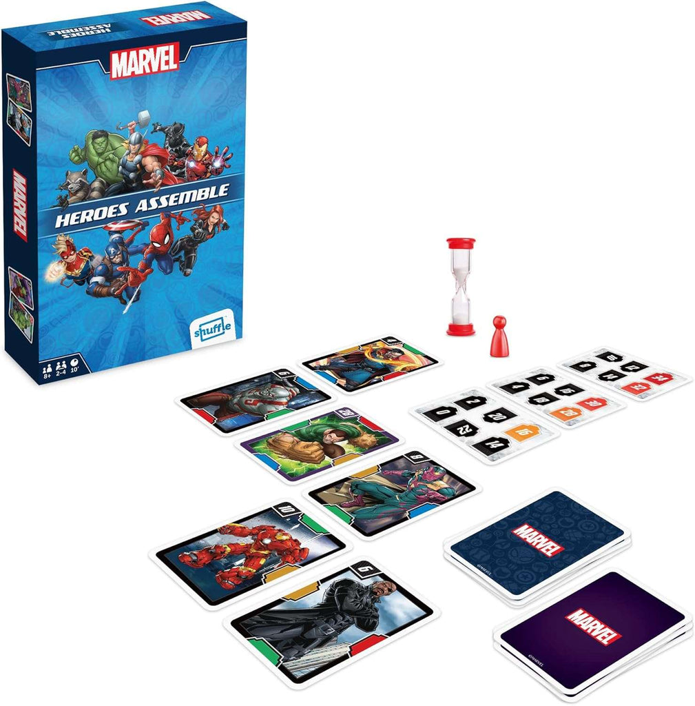 Marvel Heroes Assemble board game set with cards and a timer on a white background