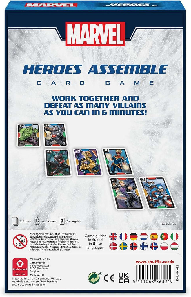 Marvel Heroes Assemble card game packaging with character illustrations on a white background