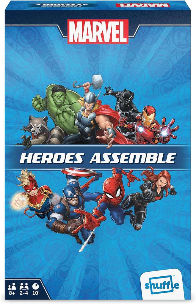 Marvel Heroes Assemble board game box with superhero characters on a blue background