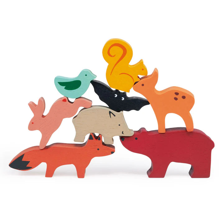 Mentari Happy Stacking Forest Set of colorful wooden animal toys on a white background
