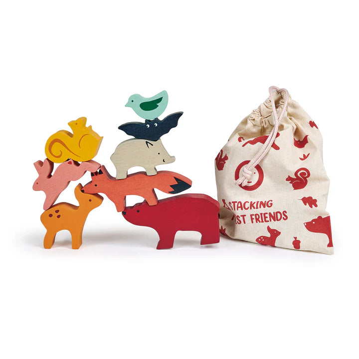 Mentari Happy Stacking Forest. Colorful wooden animal stacking toys with a drawstring bag on a white background