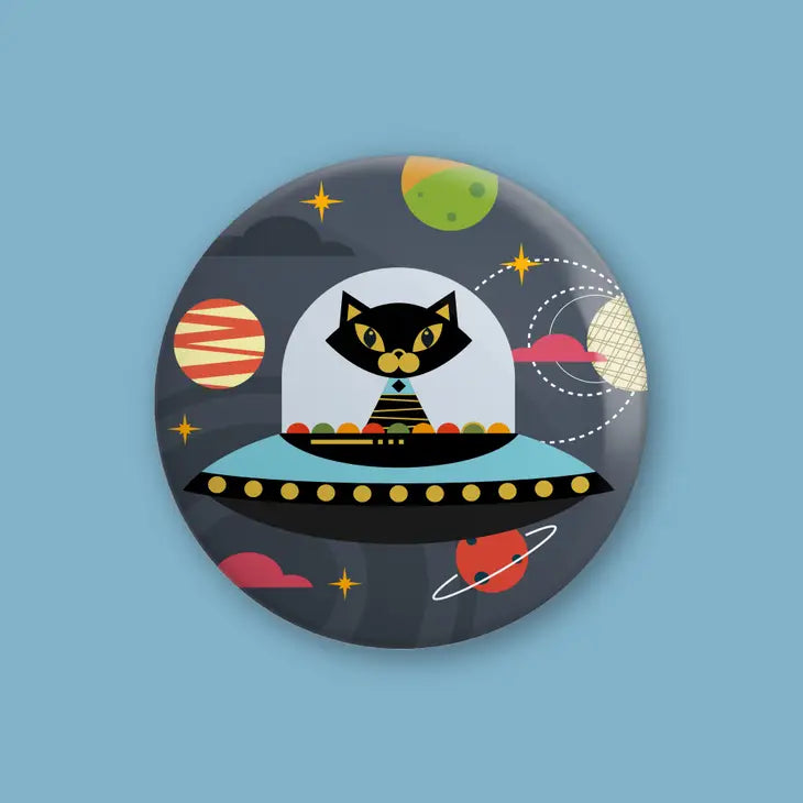Hey There Munchquin Atomic Kitten Button Badge - a quirky and fun pin badge featuring a cat whizzing through space!